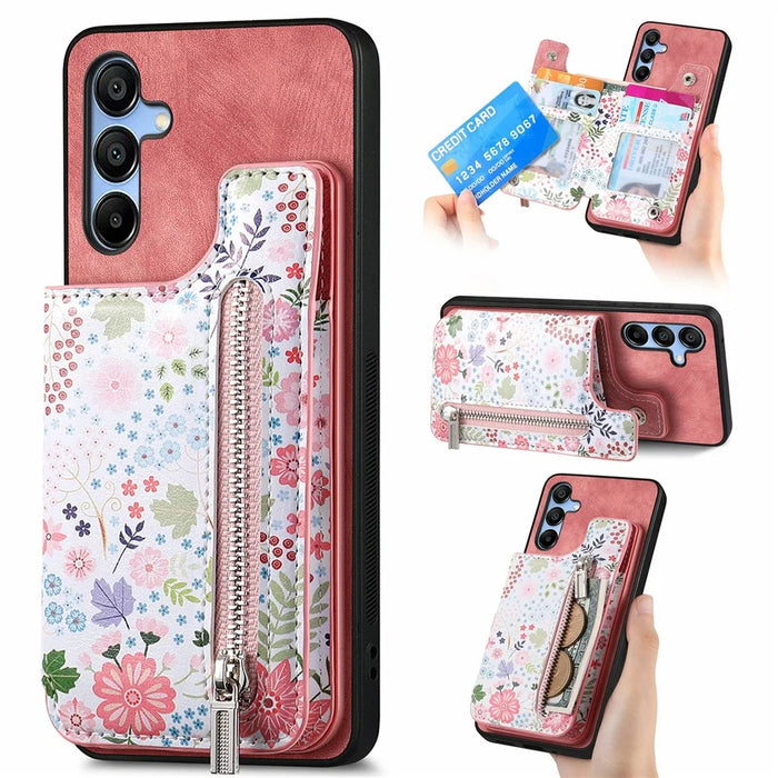 D10 For Samsung Galaxy A16 5G / A16 4G Case Pattern Kickstand Wallet Leather+TPU Phone Cover RFID Blocking - Pink - 1