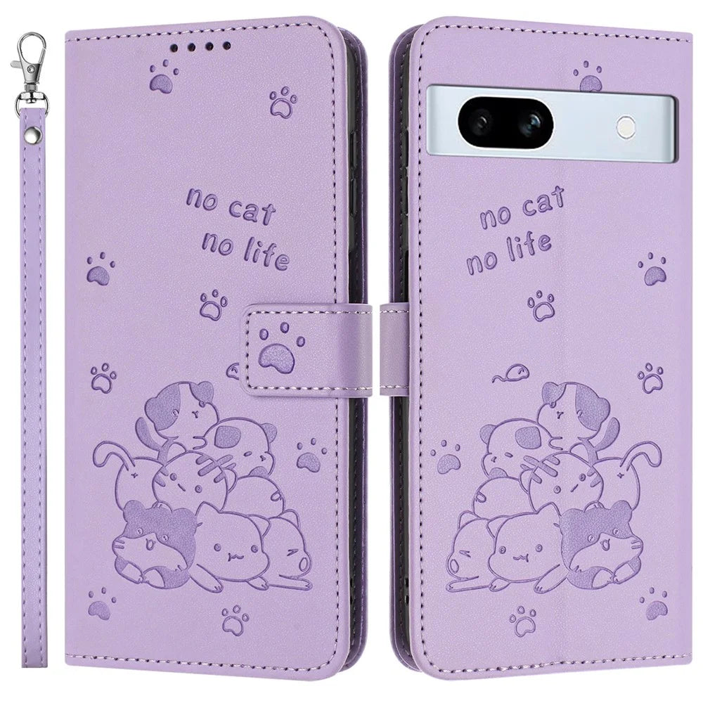 For Google Pixel 7a Case with Strap Cats Imprint Leather Wallet Phone Cover - Purple - 1