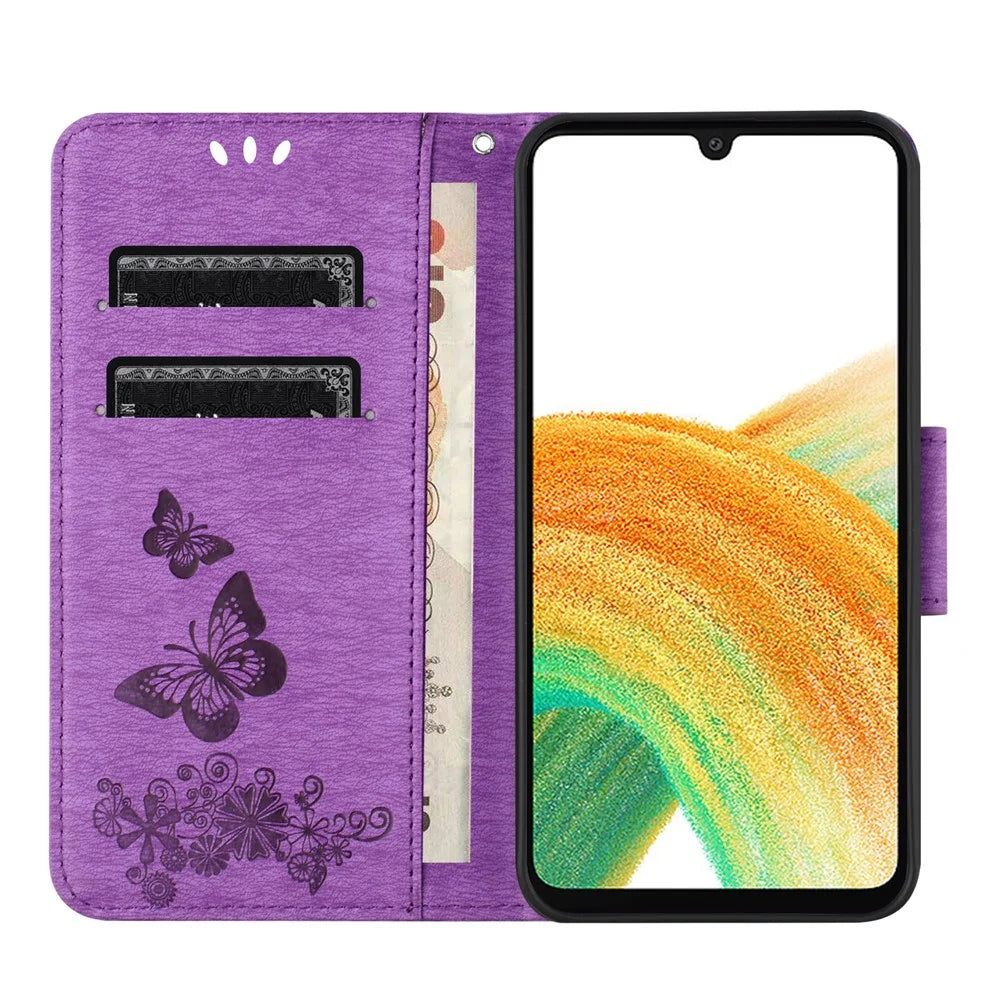 For Samsung Galaxy A16 5G / A16 4G Case Butterflies Flower Leather Wallet Flip Phone Cover - Purple - 2