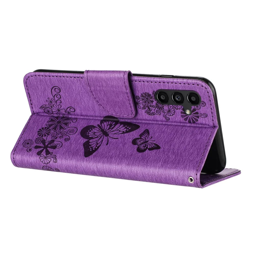 For Samsung Galaxy A16 5G / A16 4G Case Butterflies Flower Leather Wallet Flip Phone Cover - Purple - 3