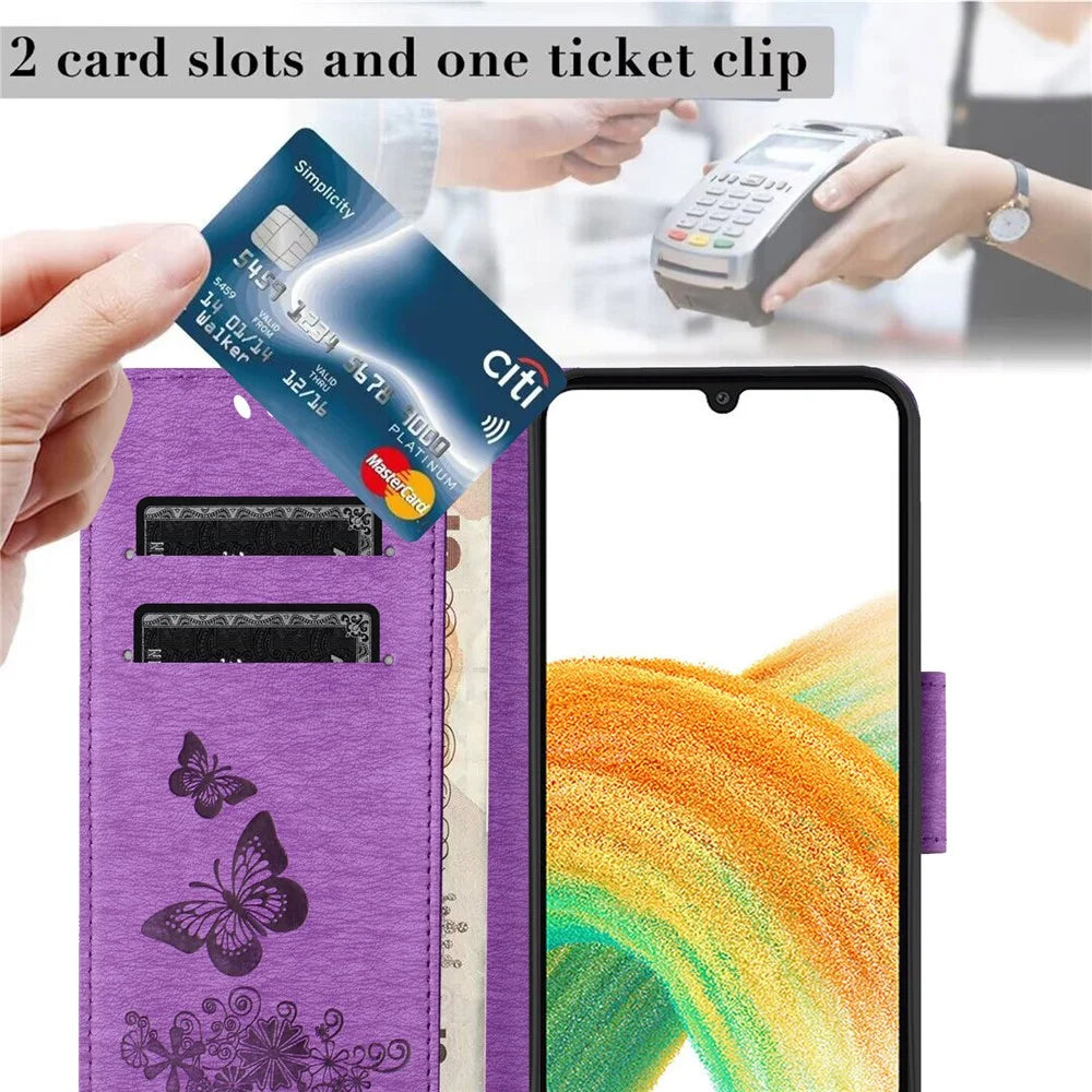 For Samsung Galaxy A16 5G / A16 4G Case Butterflies Flower Leather Wallet Flip Phone Cover - Purple - 5