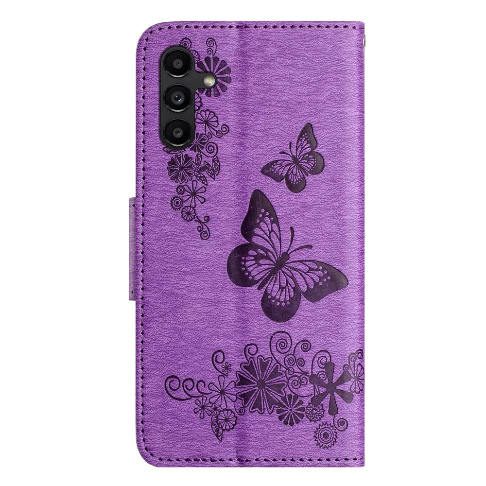 For Samsung Galaxy A16 5G / A16 4G Case Butterflies Flower Leather Wallet Flip Phone Cover - Purple - 7