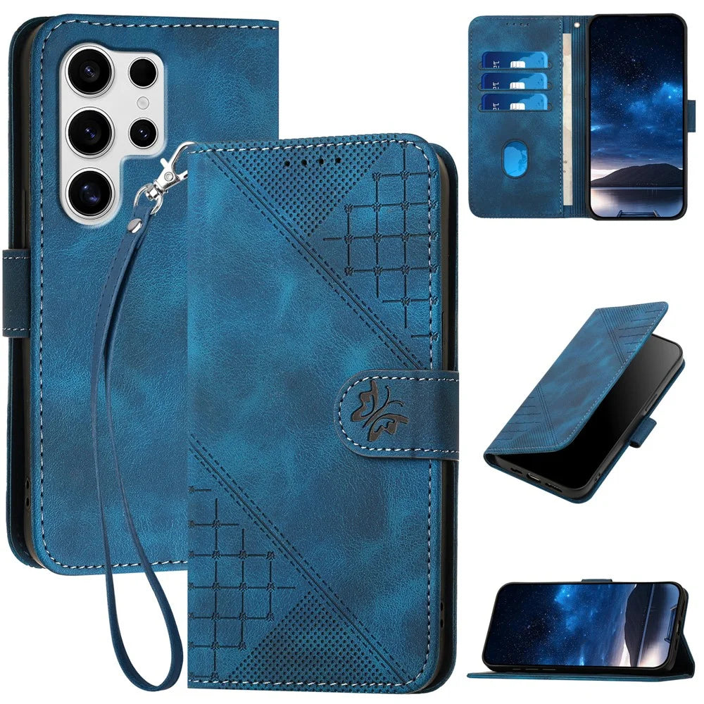 YX0080 For Samsung Galaxy S25 Ultra Case Butterfly Imprint Leather Wallet Phone Cover - Sapphire - 1