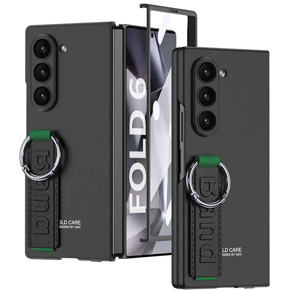 GKK For Samsung Galaxy Z Fold6 5G Case Tempered Glass Screen Film+Hard PC Phone Cover with Ring Holder, Finger Strap - Black - 1