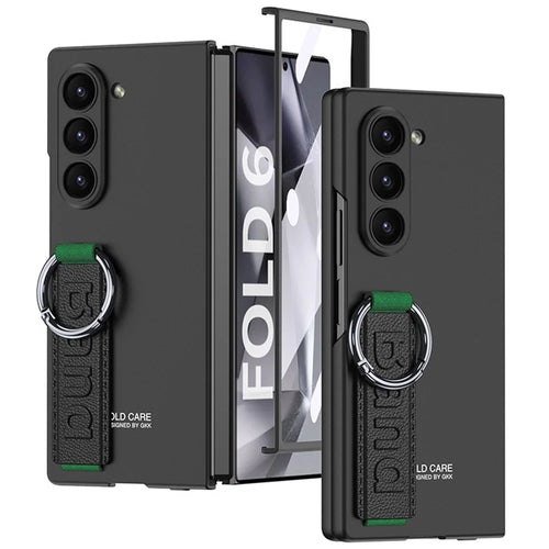 GKK For Samsung Galaxy Z Fold6 5G Case Tempered Glass Screen Film+Hard PC Phone Cover with Ring Holder, Finger Strap - Black - 1