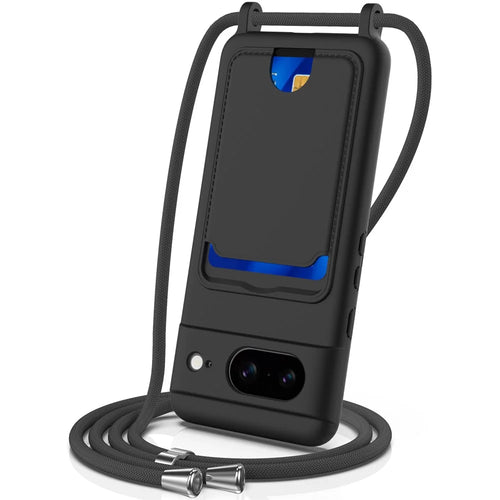 For Google Pixel 8 Case Liquid Silicone Card Holder Phone Back Cover with Lanyard - Black - 1