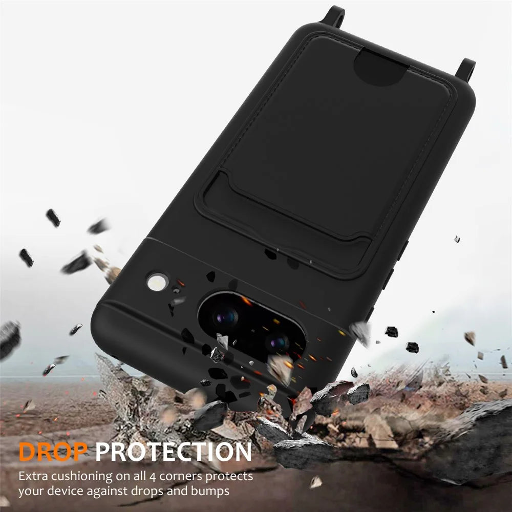 For Google Pixel 8 Case Liquid Silicone Card Holder Phone Back Cover with Lanyard - Black - 3