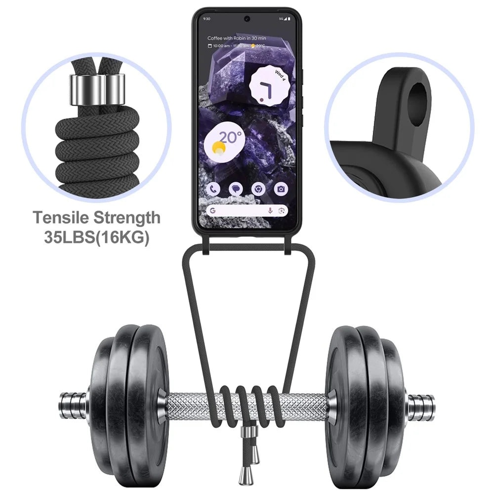 For Google Pixel 8 Case Liquid Silicone Card Holder Phone Back Cover with Lanyard - Black - 4