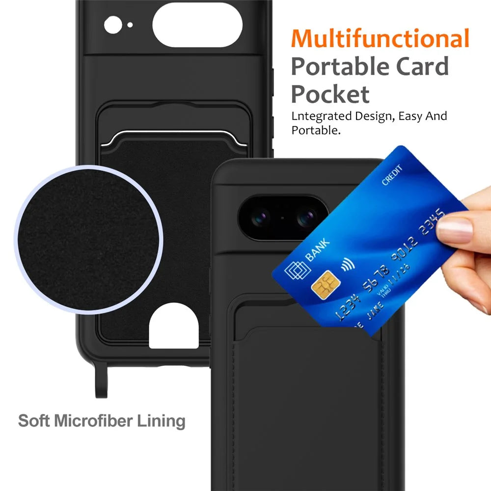 For Google Pixel 8 Case Liquid Silicone Card Holder Phone Back Cover with Lanyard - Black - 5