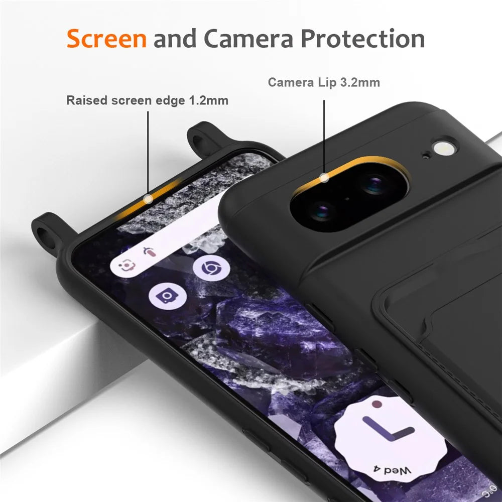 For Google Pixel 8 Case Liquid Silicone Card Holder Phone Back Cover with Lanyard - Black - 6
