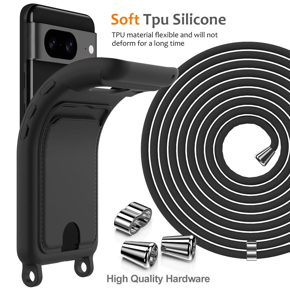 For Google Pixel 8 Case Liquid Silicone Card Holder Phone Back Cover with Lanyard - Black - 7