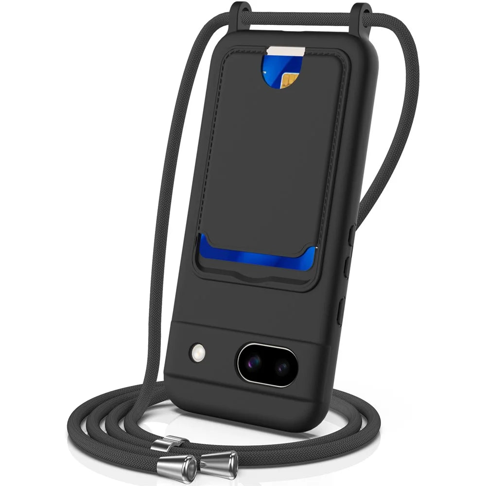 For Google Pixel 8a Case Liquid Silicone Card Holder Phone Back Cover with Lanyard - Black - 1