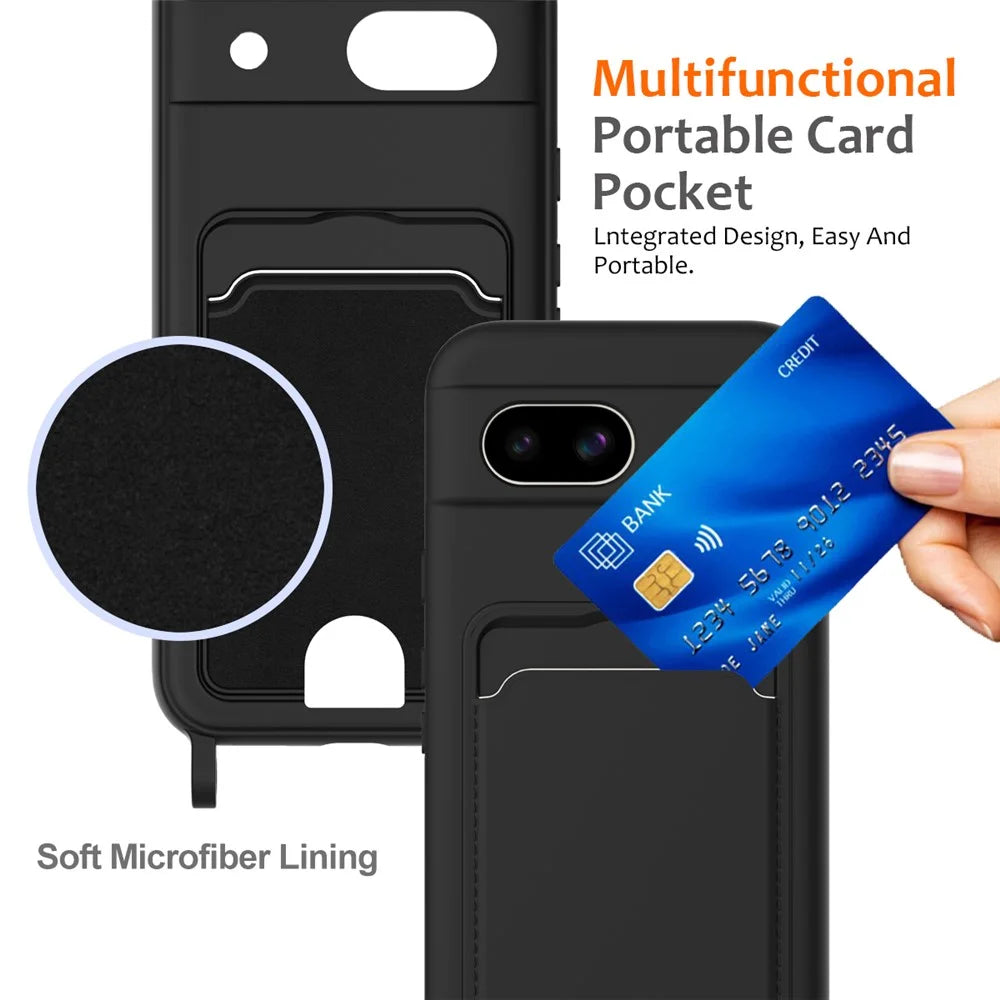 For Google Pixel 8a Case Liquid Silicone Card Holder Phone Back Cover with Lanyard - Black - 5
