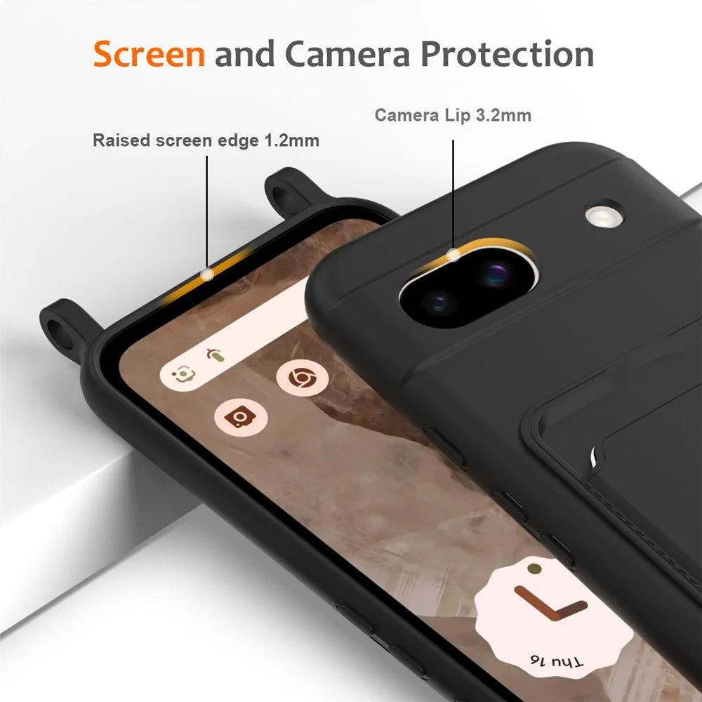 For Google Pixel 8a Case Liquid Silicone Card Holder Phone Back Cover with Lanyard - Black - 6