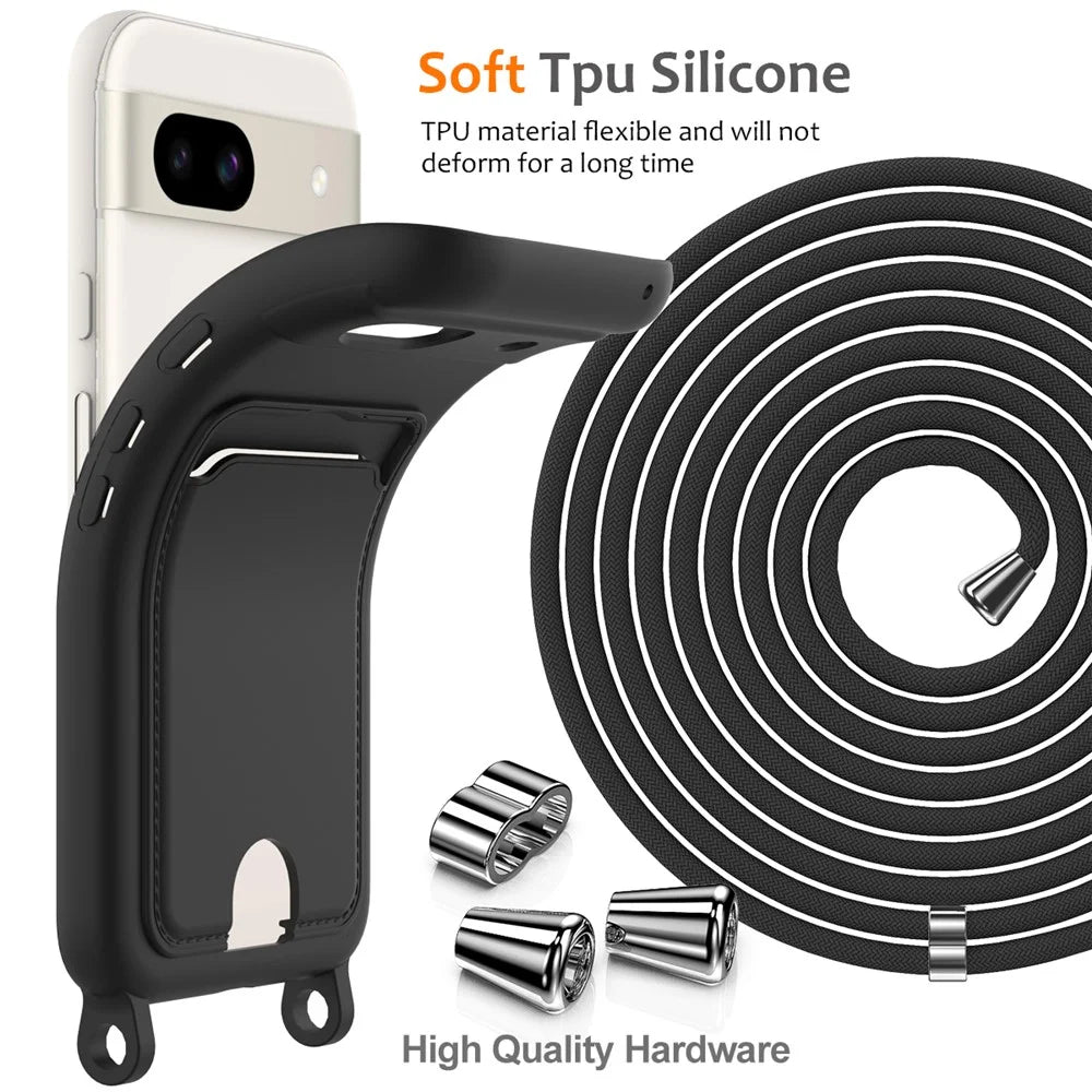 For Google Pixel 8a Case Liquid Silicone Card Holder Phone Back Cover with Lanyard - Black - 7