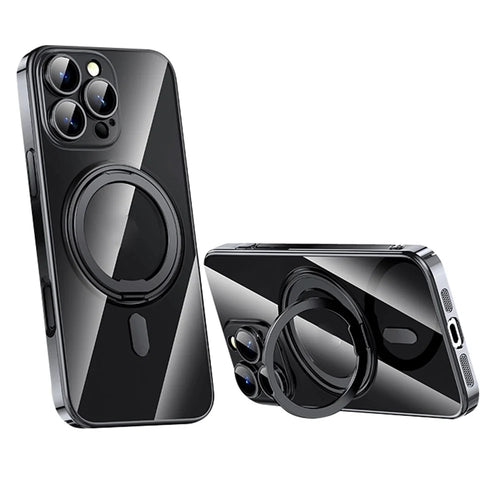 For iPhone 16 Pro Case Compatible with MagSafe Kickstand PC+TPU Phone Cover with Lens Film - Black - 1
