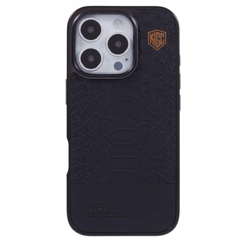 KIGC For iPhone 16 Pro Case Compatible with MagSafe Crocodile Texture PU+PC+TPU Electroplating Phone Cover - Black - 3