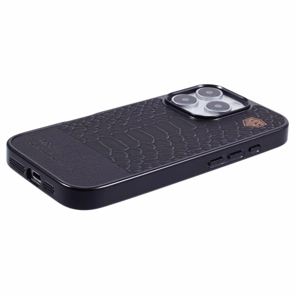 KIGC For iPhone 16 Pro Case Compatible with MagSafe Crocodile Texture PU+PC+TPU Electroplating Phone Cover - Black - 6