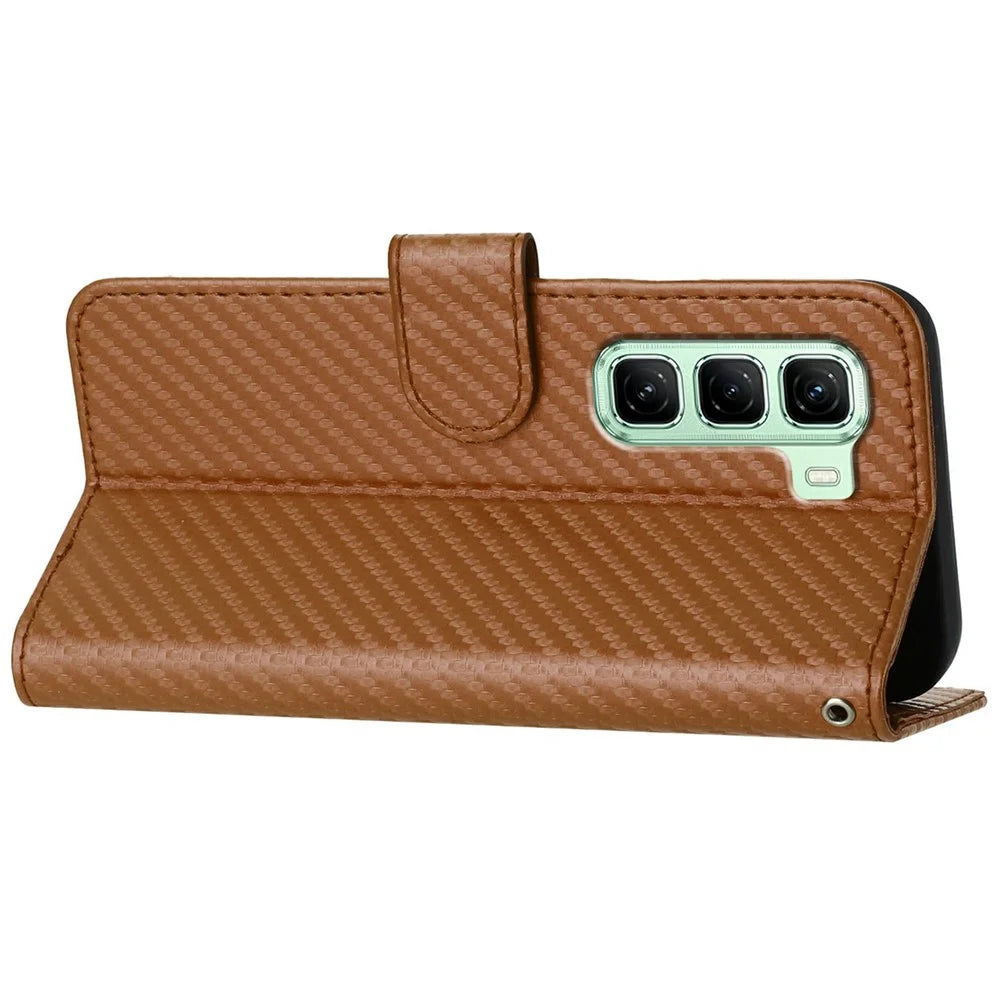 YX0070 For Infinix Hot 50 4G Wallet Case Carbon Fiber Texture Leather Cell Accessories Phone Cover - Coffee - 4