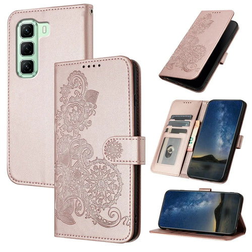 For Infinix Hot 50 4G Phone Cases Mandala Flower Leather Wallet Mobile Cover with Strap - Rose Gold - 1