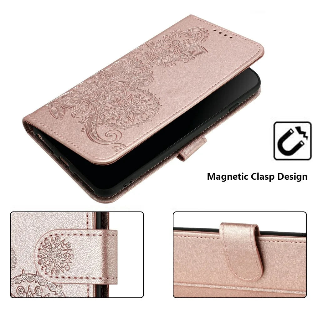 For Infinix Hot 50 4G Phone Cases Mandala Flower Leather Wallet Mobile Cover with Strap - Rose Gold - 6