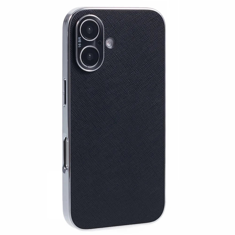 For iPhone 16 Cover Cross Texture PU Leather Coated TPU Cell Phone Case - Black - 1