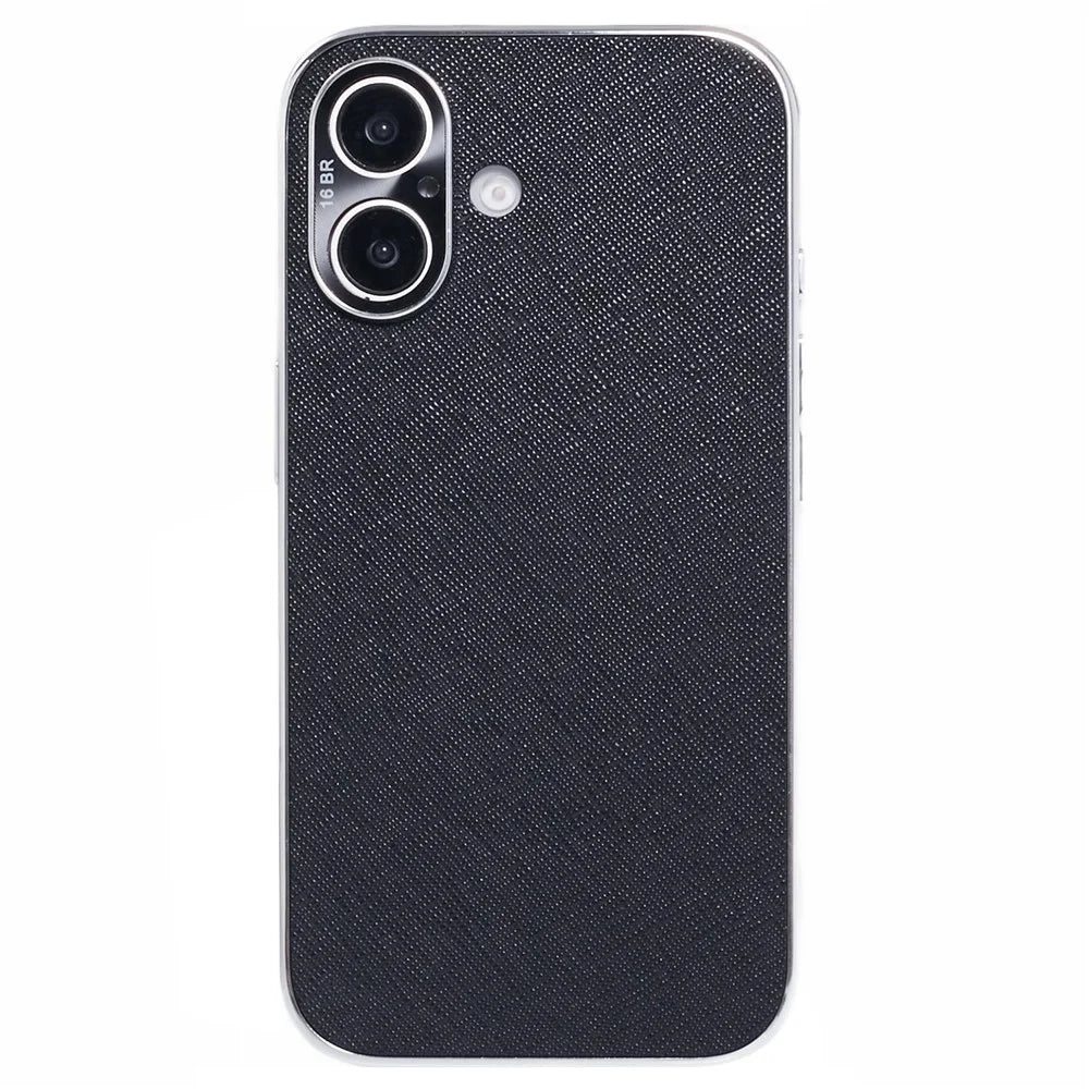 For iPhone 16 Cover Cross Texture PU Leather Coated TPU Cell Phone Case - Black - 3