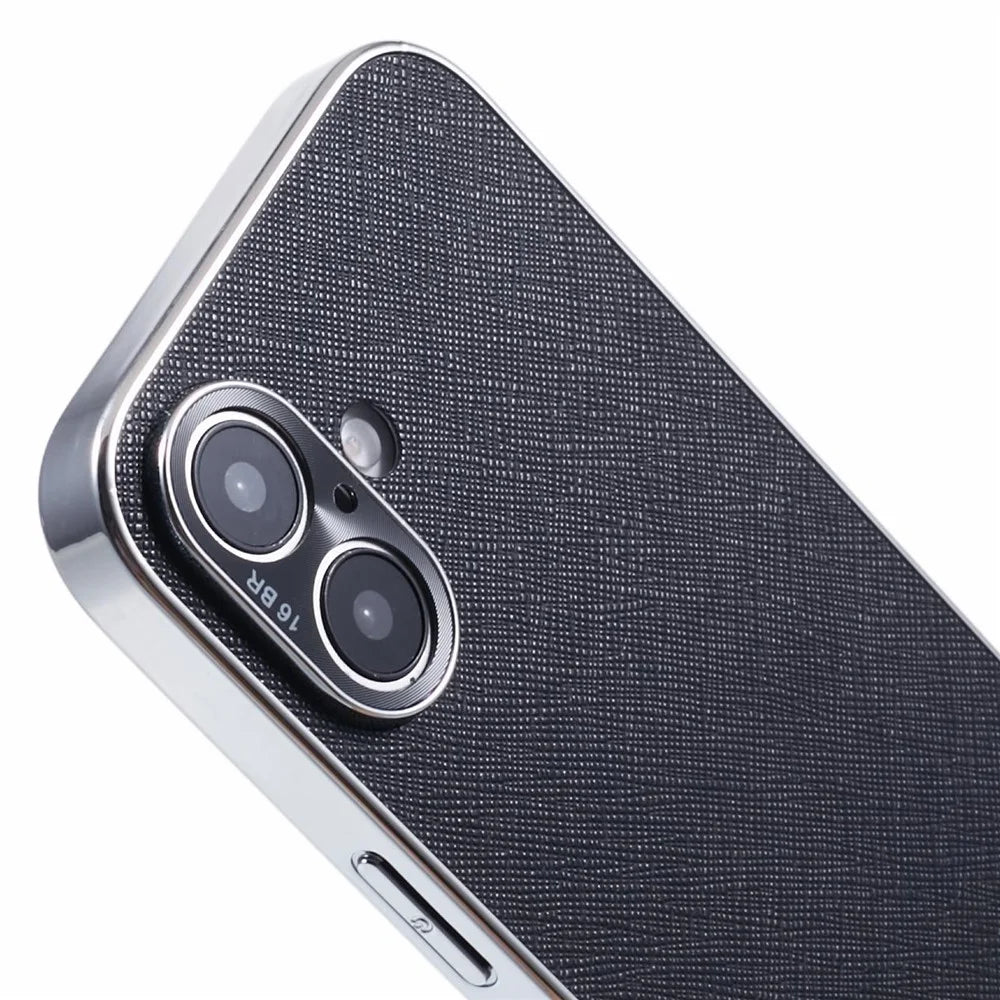 For iPhone 16 Cover Cross Texture PU Leather Coated TPU Cell Phone Case - Black - 6