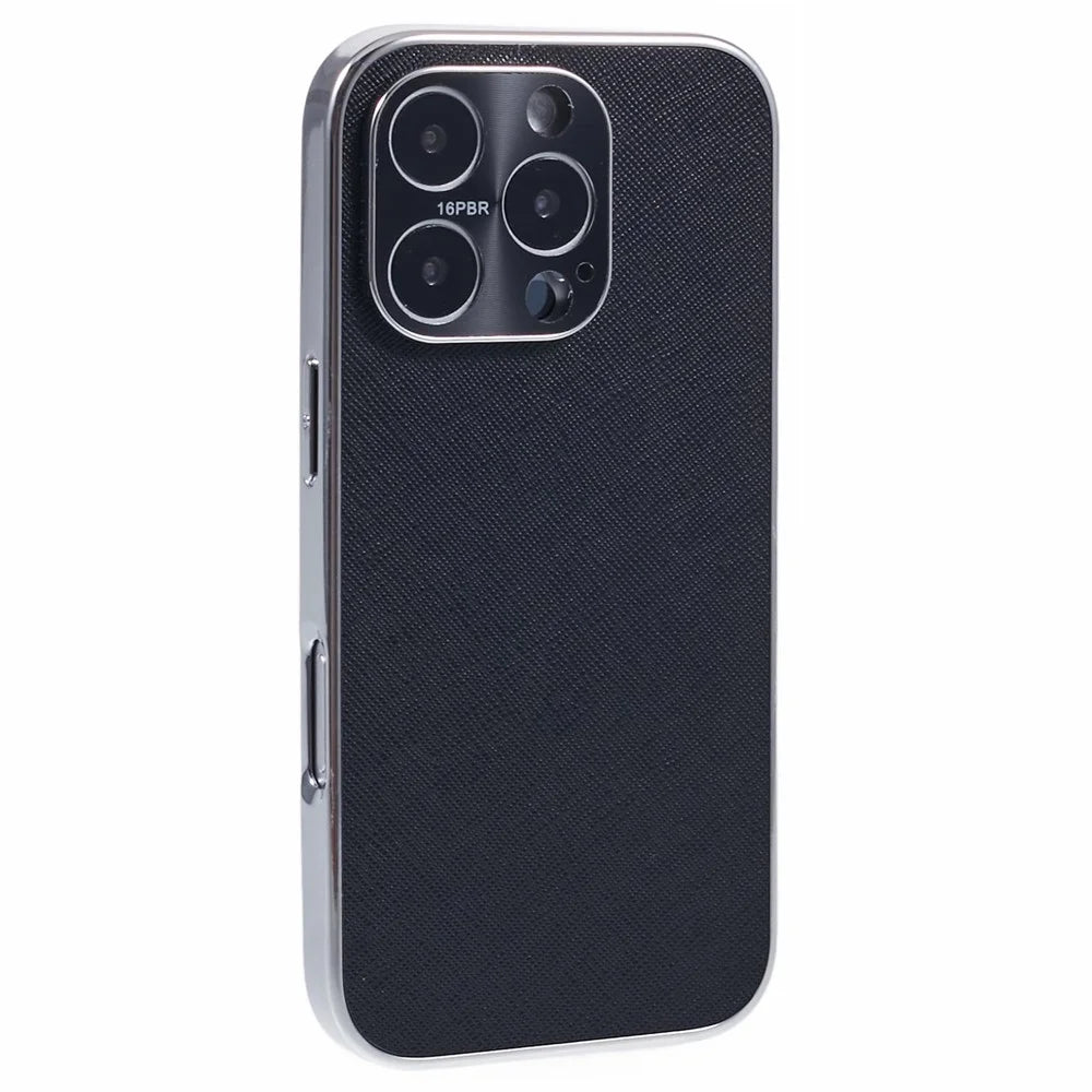 For iPhone 16 Pro Cover Cross Texture PU Leather Coated TPU Cell Phone Case - Black - 1