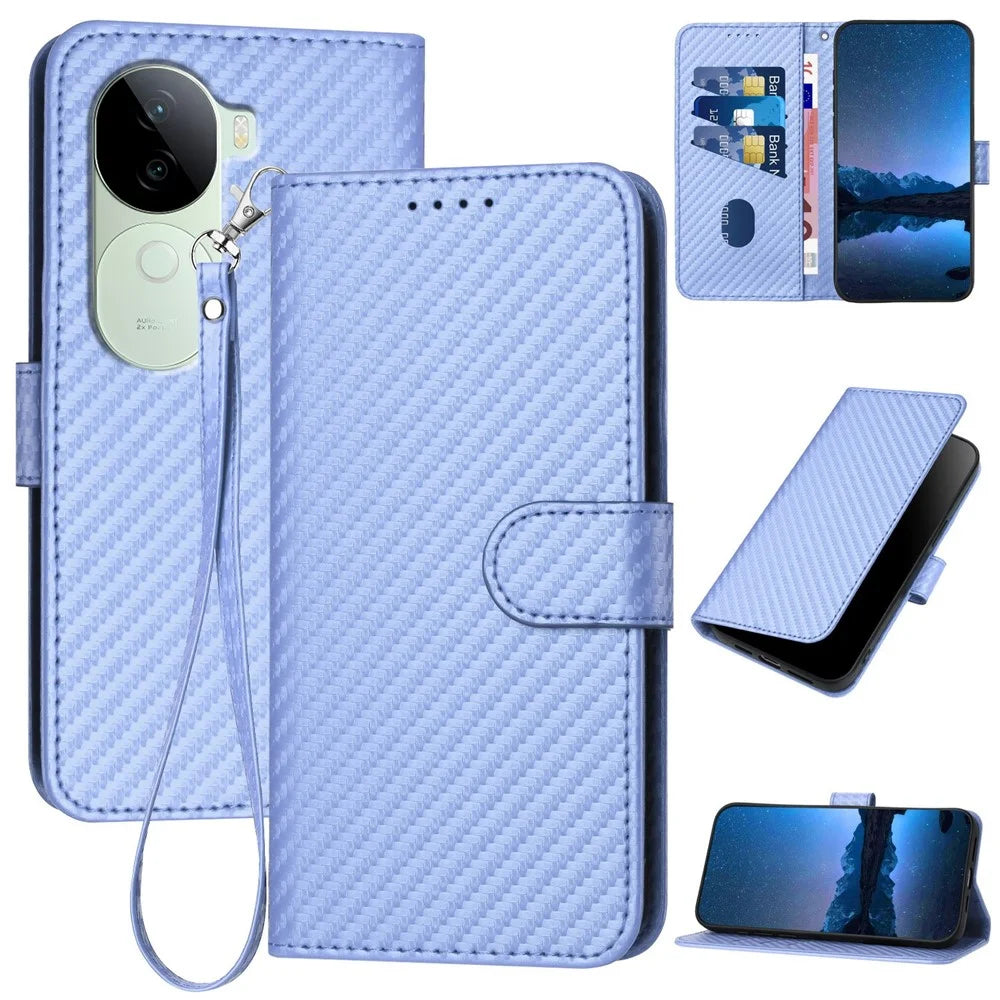 YX0070 For vivo V40e 5G / iQOO Z9s 5G Wallet Case Carbon Fiber Texture Leather Cell Accessories Phone Cover - Light Purple - 1