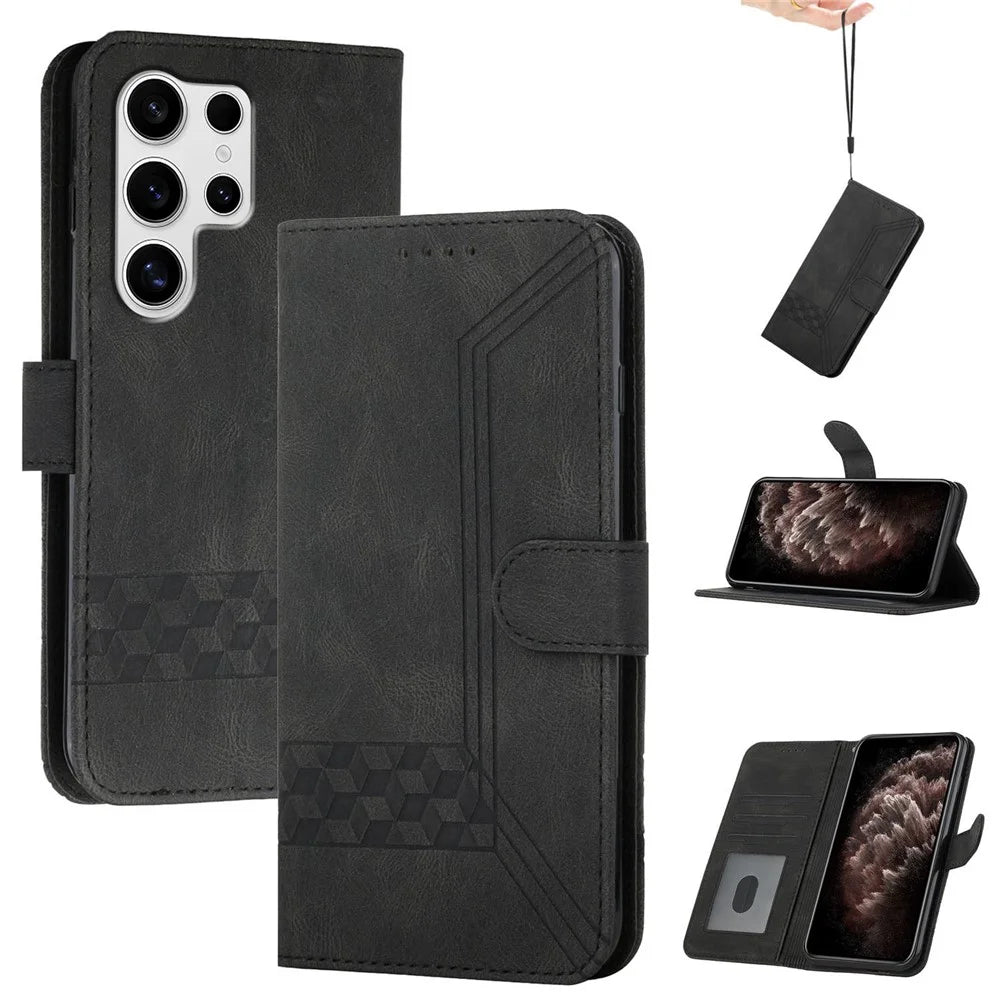 YX0010 Series for Samsung Galaxy S25 Ultra Wallet Case Rhombus Lines Leather Phone Cover - Black - 1