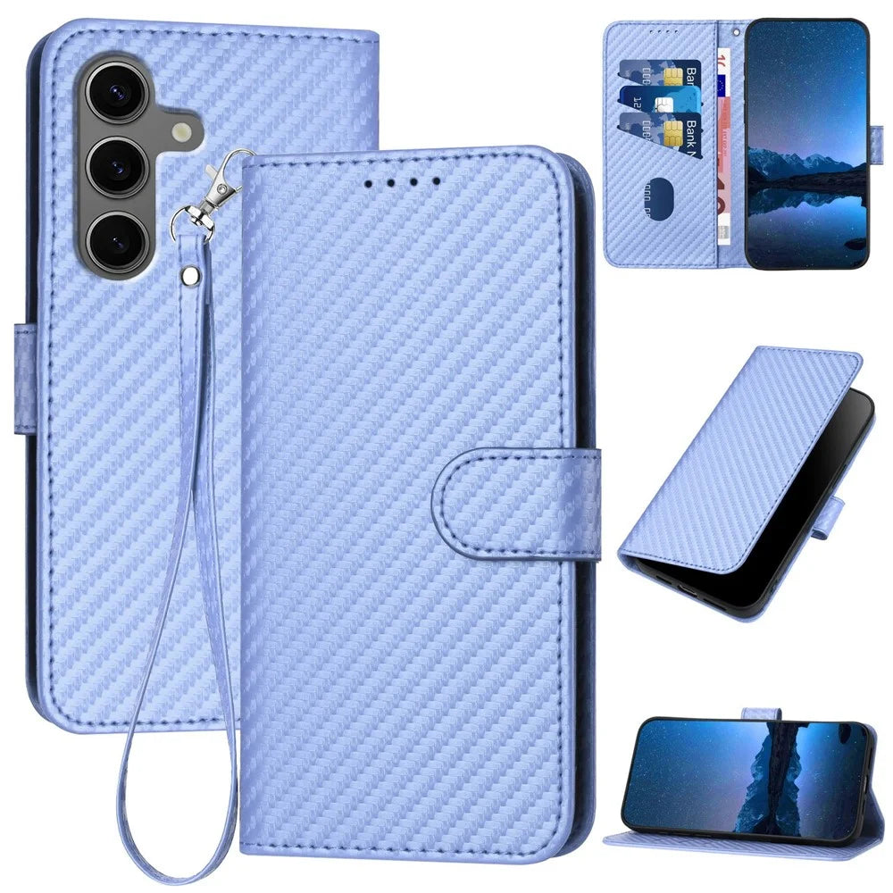 YX0070 For Samsung Galaxy S25+ Wallet Case Carbon Fiber Texture Leather Cell Accessories Phone Cover - Light Purple - 1