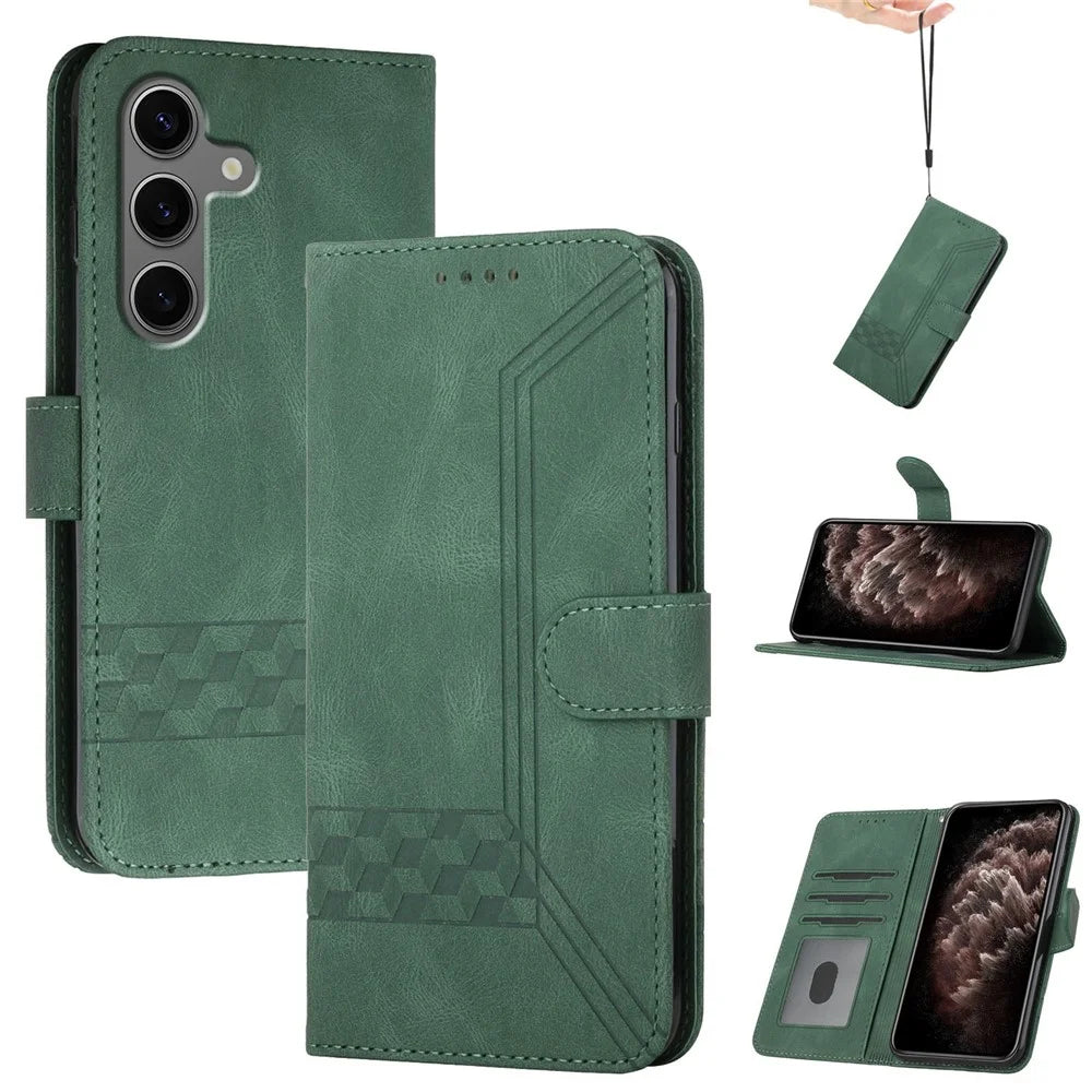 YX0010 Series for Samsung Galaxy S25+ Wallet Case Rhombus Lines Leather Phone Cover - Blackish Green - 1