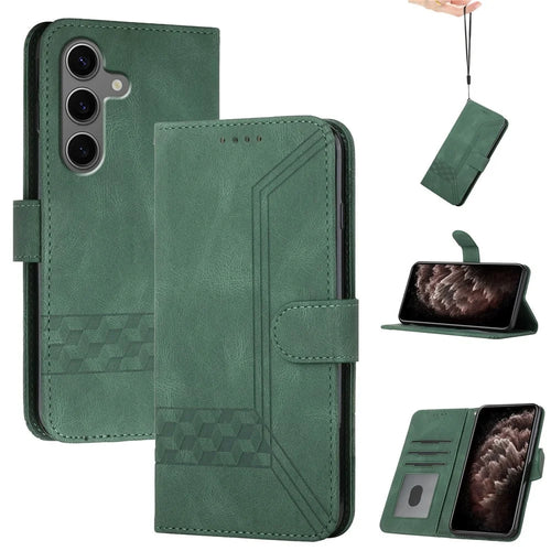 YX0010 Series for Samsung Galaxy S25+ Wallet Case Rhombus Lines Leather Phone Cover - Blackish Green - 1