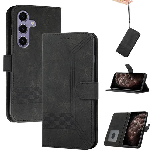 YX0010 Series for Samsung Galaxy S25 Wallet Case Rhombus Lines Leather Phone Cover - Black - 1