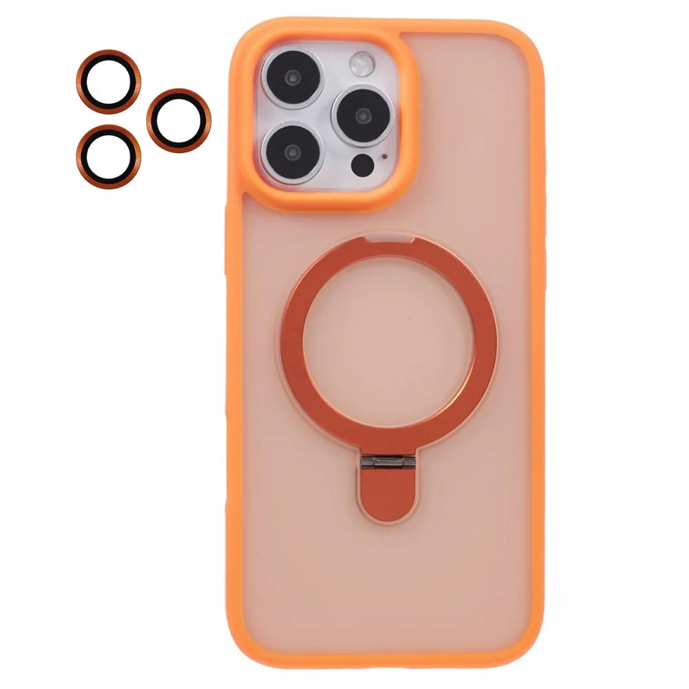 For iPhone 16 Pro Max Case Kickstand Compatible with MagSafe PC+TPU Cover with Lens Film - Orange - 1