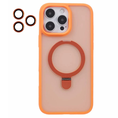 For iPhone 16 Pro Max Case Kickstand Compatible with MagSafe PC+TPU Cover with Lens Film - Orange - 1