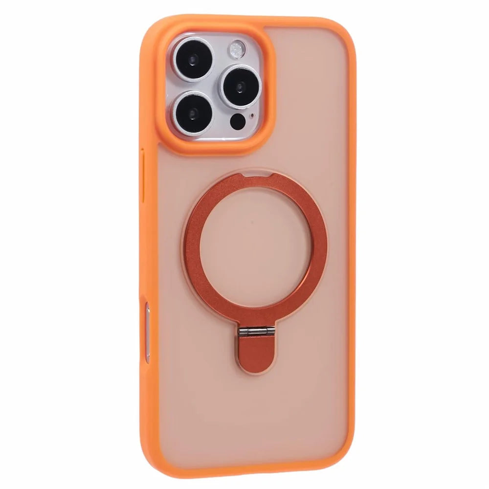 For iPhone 16 Pro Max Case Kickstand Compatible with MagSafe PC+TPU Cover with Lens Film - Orange - 4