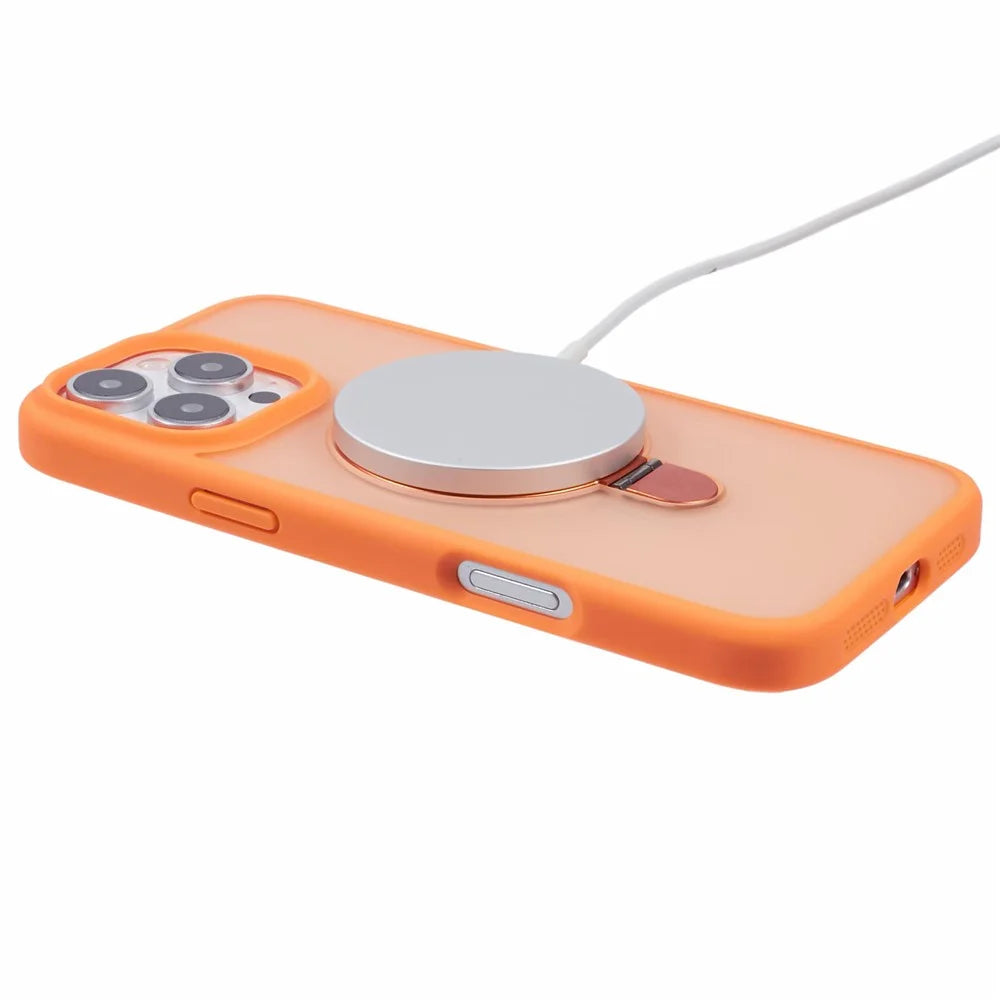 For iPhone 16 Pro Max Case Kickstand Compatible with MagSafe PC+TPU Cover with Lens Film - Orange - 6