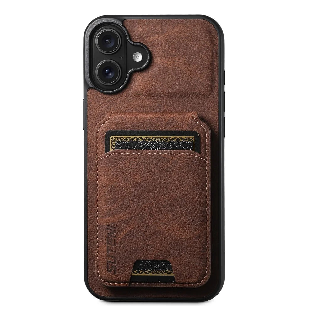 SUTENI H02 For iPhone 16 Case Card Slots Kickstand Litchi Texture Leather+TPU Cover - Brown - 1