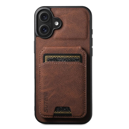SUTENI H02 For iPhone 16 Case Card Slots Kickstand Litchi Texture Leather+TPU Cover - Brown - 1
