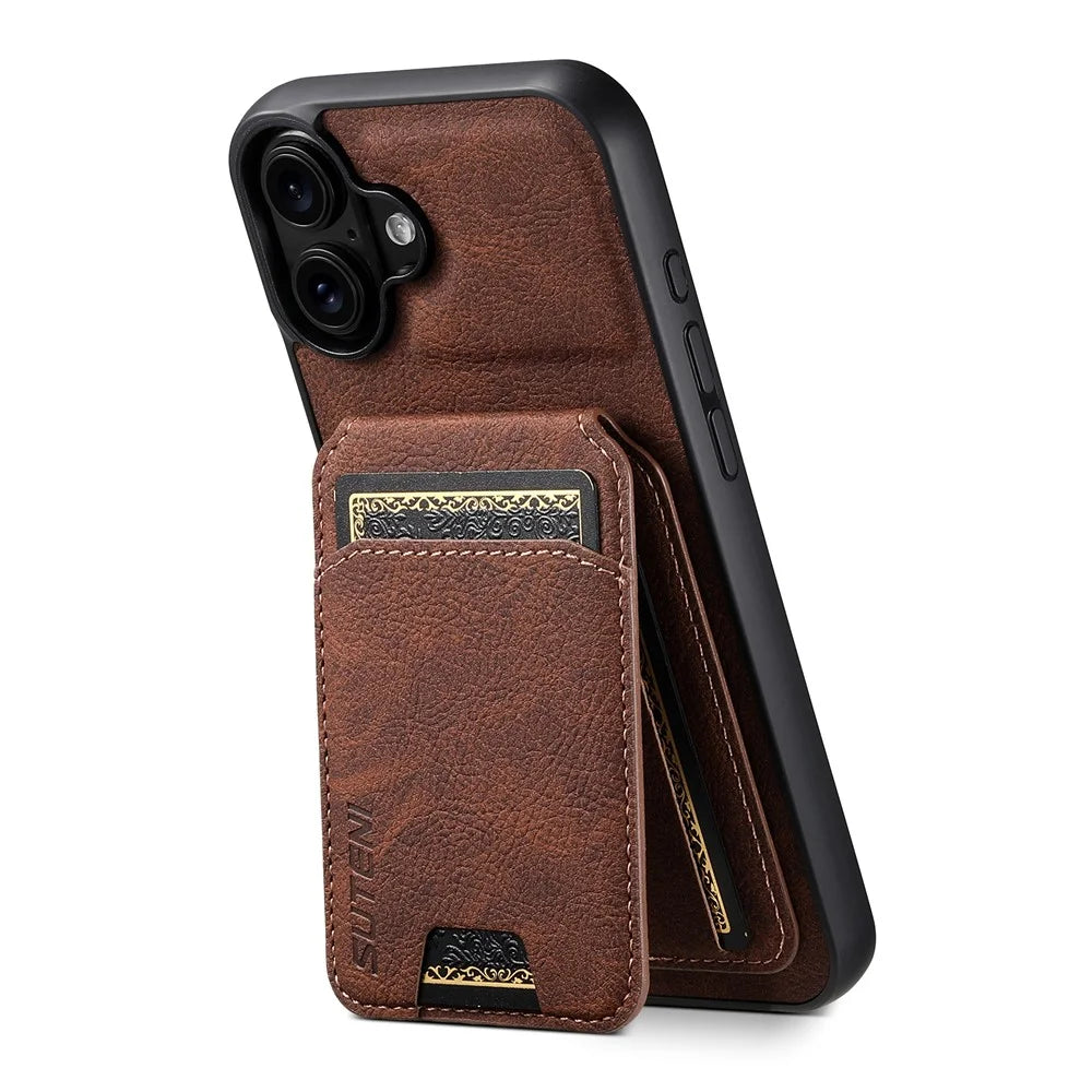SUTENI H02 For iPhone 16 Case Card Slots Kickstand Litchi Texture Leather+TPU Cover - Brown - 3