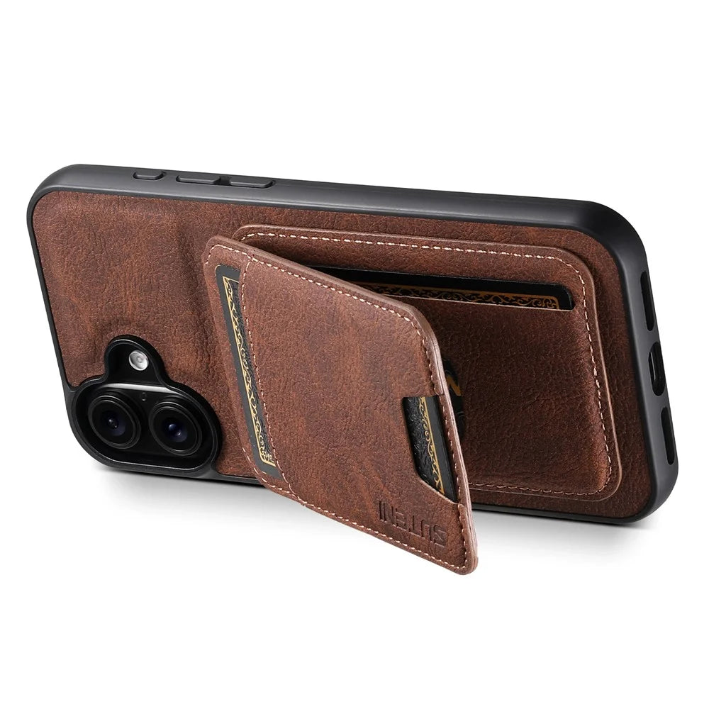 SUTENI H02 For iPhone 16 Case Card Slots Kickstand Litchi Texture Leather+TPU Cover - Brown - 4