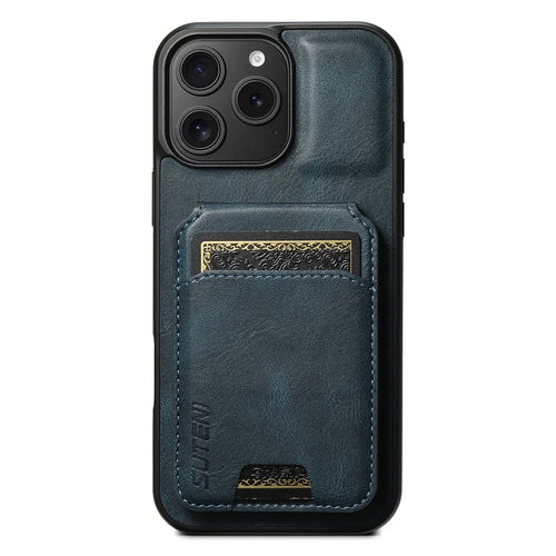 SUTENI H02 For iPhone 16 Pro Case Waxy Texture Leather+TPU Card Slots Kickstand Phone Cover - Blue - 1