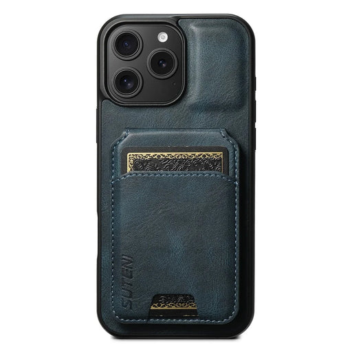 SUTENI H02 For iPhone 16 Pro Case Waxy Texture Leather+TPU Card Slots Kickstand Phone Cover - Blue - 1