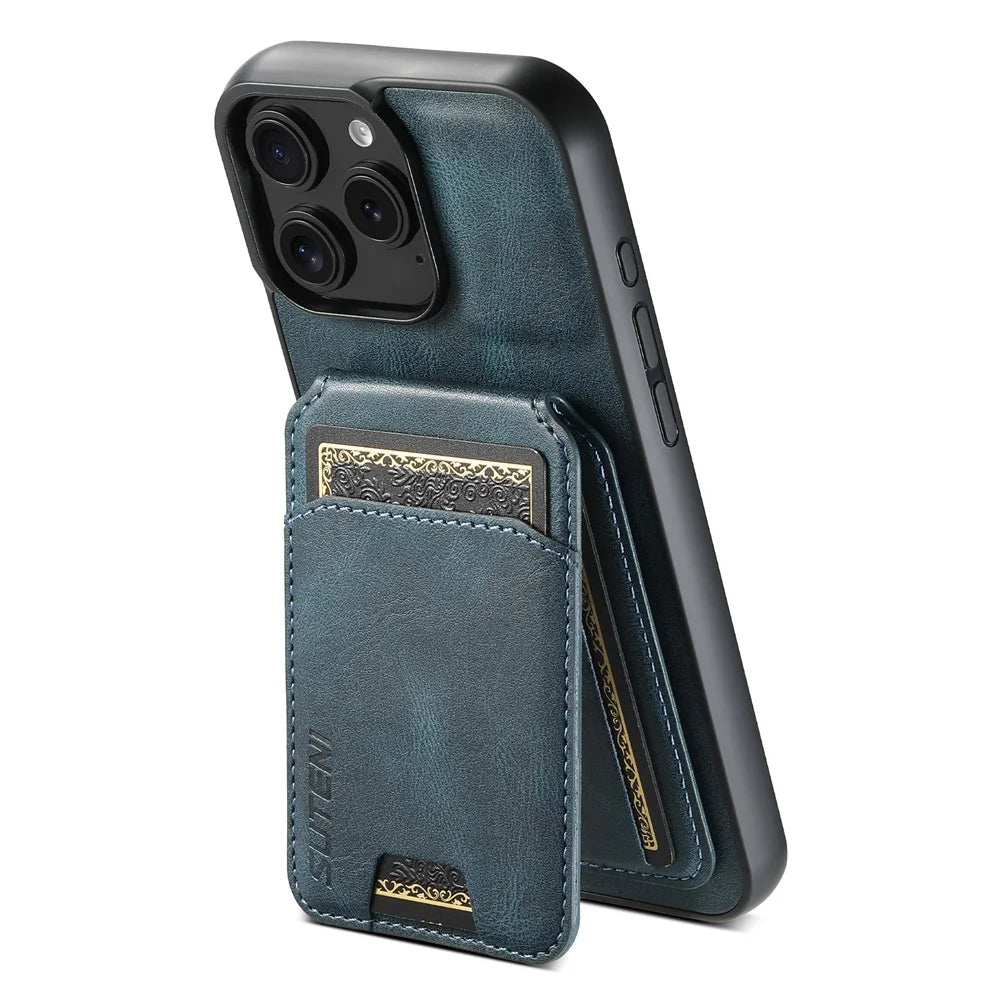 SUTENI H02 For iPhone 16 Pro Case Waxy Texture Leather+TPU Card Slots Kickstand Phone Cover - Blue - 3