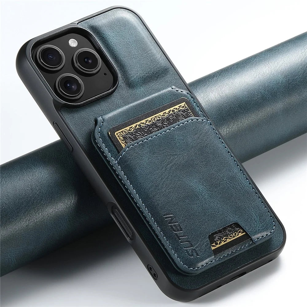SUTENI H02 For iPhone 16 Pro Case Waxy Texture Leather+TPU Card Slots Kickstand Phone Cover - Blue - 5