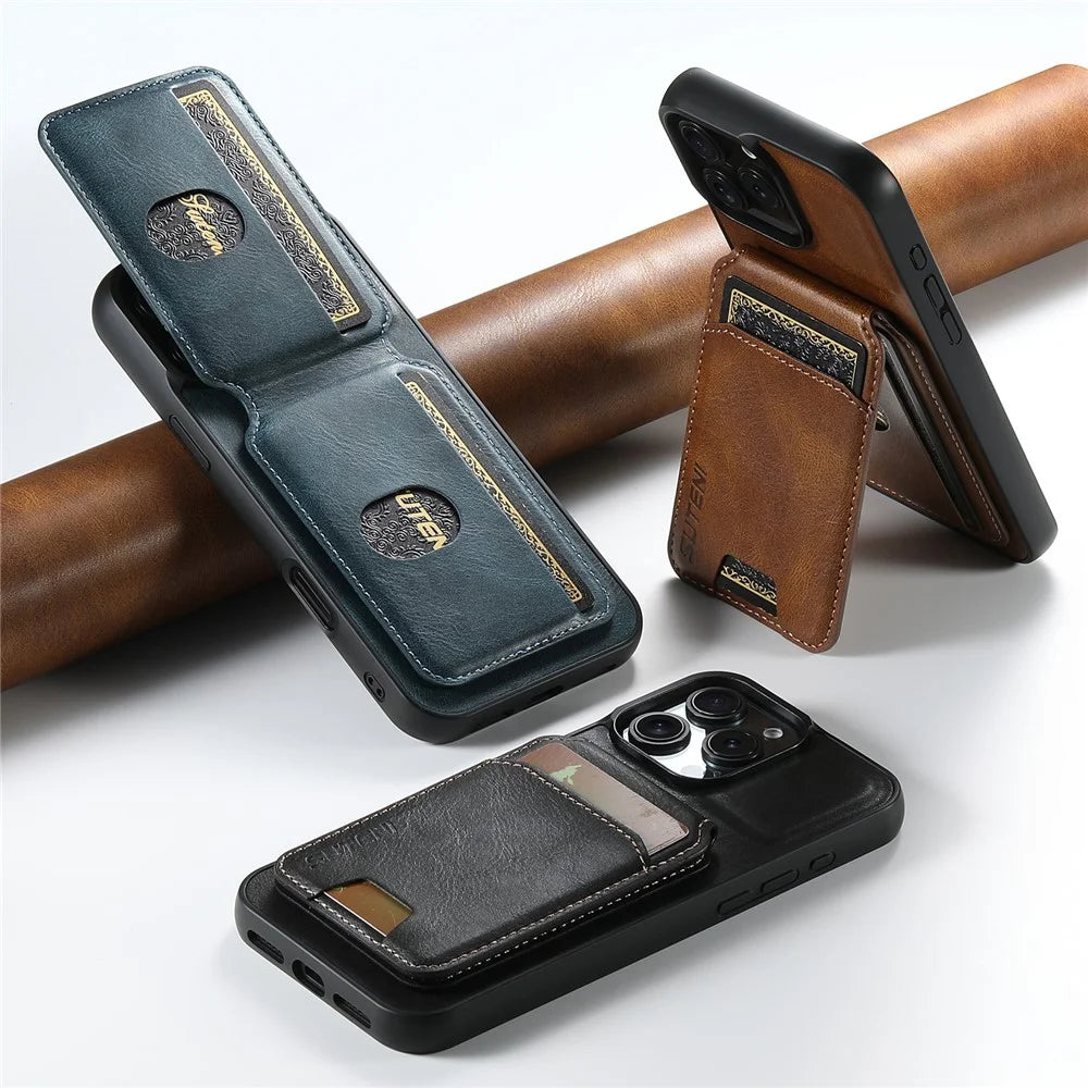 SUTENI H02 For iPhone 16 Pro Case Waxy Texture Leather+TPU Card Slots Kickstand Phone Cover - Blue - 6