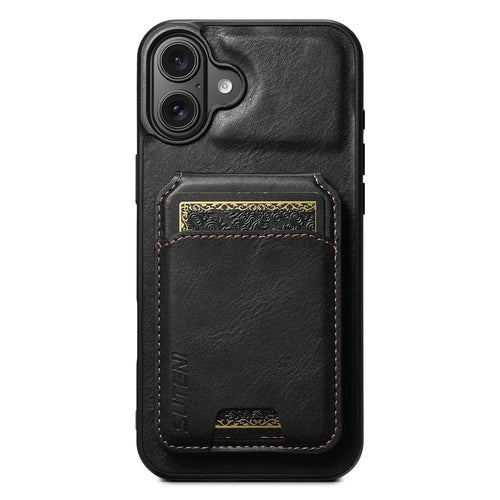 SUTENI H02 For iPhone 16 Plus Case Waxy Texture Leather+TPU Card Slots Kickstand Phone Cover - Black - 1