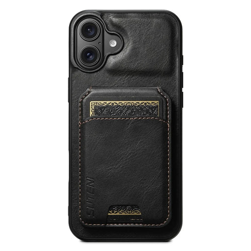 SUTENI H02 For iPhone 16 Plus Case Waxy Texture Leather+TPU Card Slots Kickstand Phone Cover - Black - 1